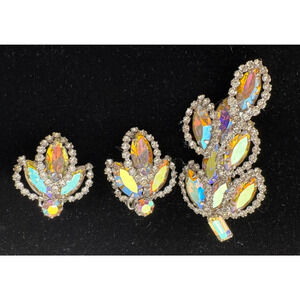Vtg WEISS Parure Set Marquise Aurora Borealis Brooch Earrings Rhinestone